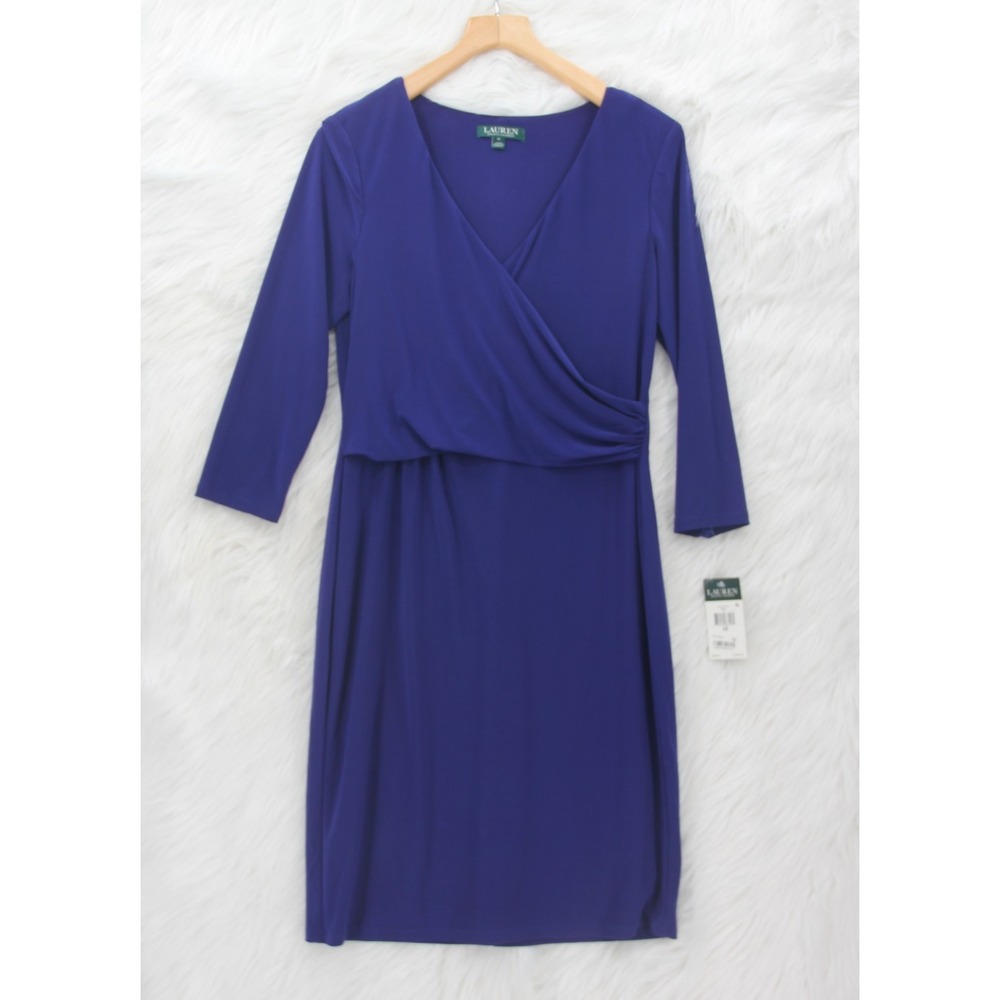 Lauren Ralph Lauren Royal Blue Faux Wrap Sheath Dress 12 3/4 Sleeve V-neck NWT